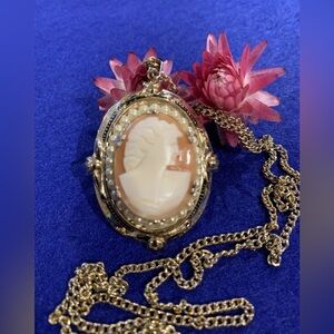 Singed Coro vintage Cameo Pendant Necklace